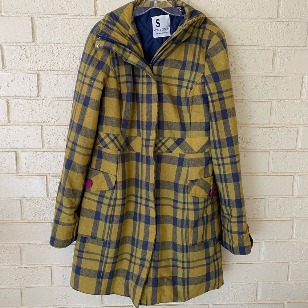 Xhilaration Plaid Pea Coat in Green and Blue